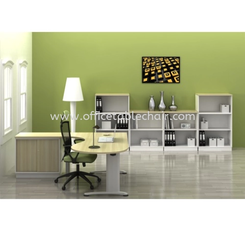 L-SHAPE ROUND END OFFICE TABLE C/W STEEL MODESTY PANEL & SIDE CABINET ABMB 66-M FULL SET 