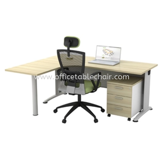 BERLIN L-SHAPE OFFICE TABLE METAL J-LEG C/W STEEL MODESTY PANEL WITH METAL POLE LEG & MOBILE PEDESTAL 3D ABL 1515-M + AB-YM3