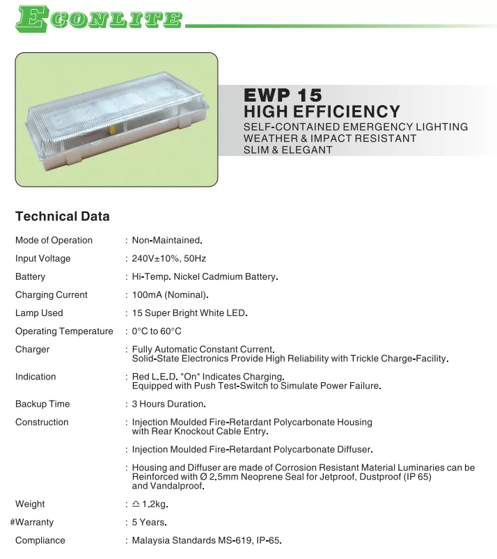 ECONLITE EWP 15 SELF-CONTAINED EMERGENCY LIGHTING WEATHER & IMPACT RESISTANT SLIM & ELEGANT