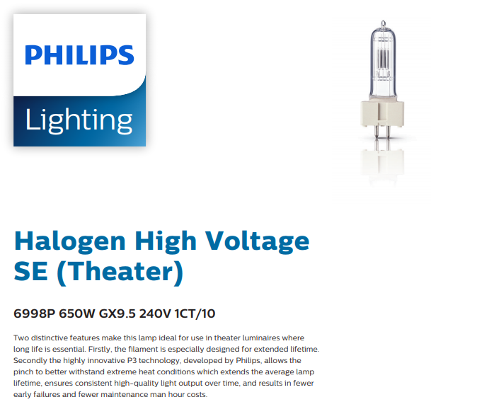 PHILIPS 6998P 650W GX9.5 240V 1CT/10