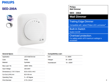 PHILIPS SED-200A DIMMER SWITCH [OBSELETE, REPLACED WITH SED200A LED DIMMER TRAILING EDGE)