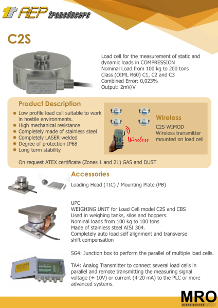 C2S Load Cells AEP TRANSDUCERS Selangor, Malaysia, Kuala Lumpur (KL), Shah Alam Supplier, Suppliers, Supply, Supplies | MRO Distribution Sdn Bhd