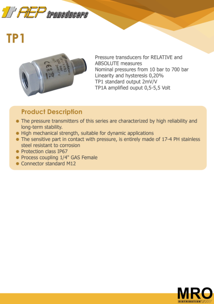 TP1 Pressure Transducers AEP TRANSDUCERS Selangor, Malaysia, Kuala Lumpur (KL), Shah Alam Supplier, Suppliers, Supply, Supplies | MRO Distribution Sdn Bhd