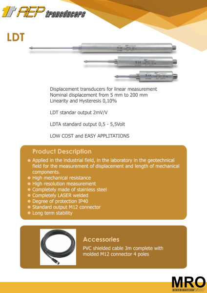 LDT Displacement Transducers AEP TRANSDUCERS Selangor, Malaysia, Kuala Lumpur (KL), Shah Alam Supplier, Suppliers, Supply, Supplies | MRO Distribution Sdn Bhd