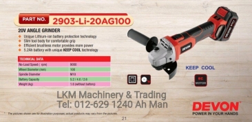 Devon 20V Cordless Angle Grinder 4"/100mm 2903-Li-20AG100