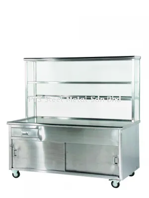 tea counter with glass overshelf