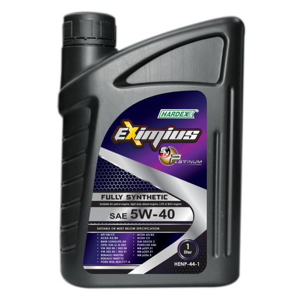 Hardex Eximius Platinum 5W-40 1L HARDEX EXIMIUS SN PLATINUM SERIES FULLY SYNTHETIC ENGINE OIL PETROL & LIGHT DUTY DIESEL ENGINE OIL - EXIMIUS SERIES LUBRICANT PRODUCTS Pahang, Malaysia, Kuantan Manufacturer, Supplier, Distributor, Supply | Hardex Corporation Sdn Bhd