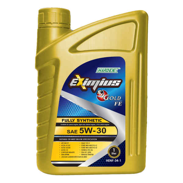 Hardex Eximius Gold FE 5W-30 1L HARDEX EXIMIUS SN GOLD & HARDEX EXIMIUS SN GOLD FE SERIES FULLY SYNTHETIC ENGINE OIL PETROL & LIGHT DUTY DIESEL ENGINE OIL - EXIMIUS SERIES LUBRICANT PRODUCTS Pahang, Malaysia, Kuantan Manufacturer, Supplier, Distributor, Supply | Hardex Corporation Sdn Bhd
