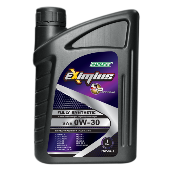 Hardex Eximius Platinum 0W-30 1L HARDEX EXIMIUS SN PLATINUM SERIES FULLY SYNTHETIC ENGINE OIL PETROL & LIGHT DUTY DIESEL ENGINE OIL - EXIMIUS SERIES LUBRICANT PRODUCTS Pahang, Malaysia, Kuantan Manufacturer, Supplier, Distributor, Supply | Hardex Corporation Sdn Bhd