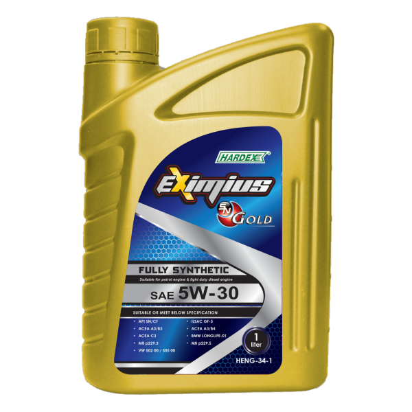 Hardex Eximius Gold 5W-30 1L HARDEX EXIMIUS SN GOLD & HARDEX EXIMIUS SN GOLD FE SERIES FULLY SYNTHETIC ENGINE OIL PETROL & LIGHT DUTY DIESEL ENGINE OIL - EXIMIUS SERIES LUBRICANT PRODUCTS Pahang, Malaysia, Kuantan Manufacturer, Supplier, Distributor, Supply | Hardex Corporation Sdn Bhd