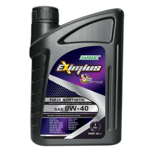 Hardex Eximius Platinum 0W-40 1L HARDEX EXIMIUS SN PLATINUM SERIES FULLY SYNTHETIC ENGINE OIL PETROL & LIGHT DUTY DIESEL ENGINE OIL - EXIMIUS SERIES LUBRICANT PRODUCTS Pahang, Malaysia, Kuantan Manufacturer, Supplier, Distributor, Supply | Hardex Corporation Sdn Bhd