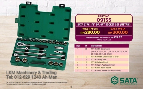 SATA 27pc 1/2" Dr. Socket Set(Metric) 09135