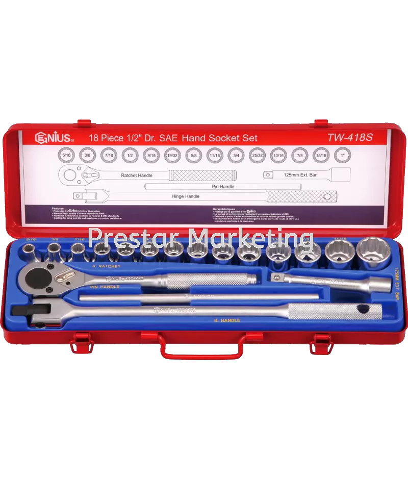 GENIUS - 18 PIECES 1/2" SAE HAND SOCKET SET