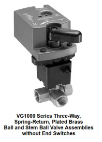 VG1000 Series Three-Way, Plated Brass Trim, NPT End Connections Ball Valves with Non-Spring-Return E