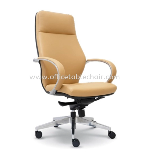 BUSSELTON DIRECTOR HIGH BACK LEATHER CHAIR C/W ALUMINIUM ROCKET DIE-CAST BASE