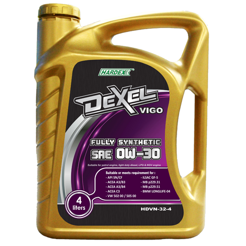 Hardex Dexel Vigo SAE 0W-30 4L HARDEX DEXEL VIGO SERIES FULLY SYNTHETIC ENGINE OIL PETROL & LIGHT DUTY DIESEL ENGINE OIL - DEXEL SERIES LUBRICANT PRODUCTS Pahang, Malaysia, Kuantan Manufacturer, Supplier, Distributor, Supply | Hardex Corporation Sdn Bhd