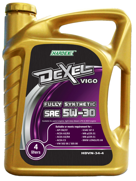 Hardex Dexel Vigo SAE 5W-30 4L HARDEX DEXEL VIGO SERIES FULLY SYNTHETIC ENGINE OIL PETROL & LIGHT DUTY DIESEL ENGINE OIL - DEXEL SERIES LUBRICANT PRODUCTS Pahang, Malaysia, Kuantan Manufacturer, Supplier, Distributor, Supply | Hardex Corporation Sdn Bhd