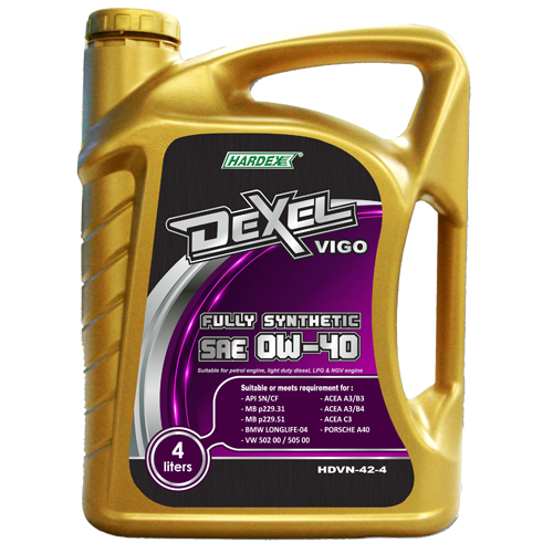 Hardex Dexel Vigo SAE 0W-40 4L HARDEX DEXEL VIGO SERIES FULLY SYNTHETIC ENGINE OIL PETROL & LIGHT DUTY DIESEL ENGINE OIL - DEXEL SERIES LUBRICANT PRODUCTS Pahang, Malaysia, Kuantan Manufacturer, Supplier, Distributor, Supply | Hardex Corporation Sdn Bhd