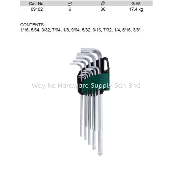 09102 - Pc SAE Extra Long Ball Point Hex Key Set Auto Specialty SATA Hand & Air Tools Selangor, Malaysia, Kuala Lumpur (KL), Klang Supplier, Suppliers, Supply, Supplies | Way Ne Hardware Supply Sdn Bhd