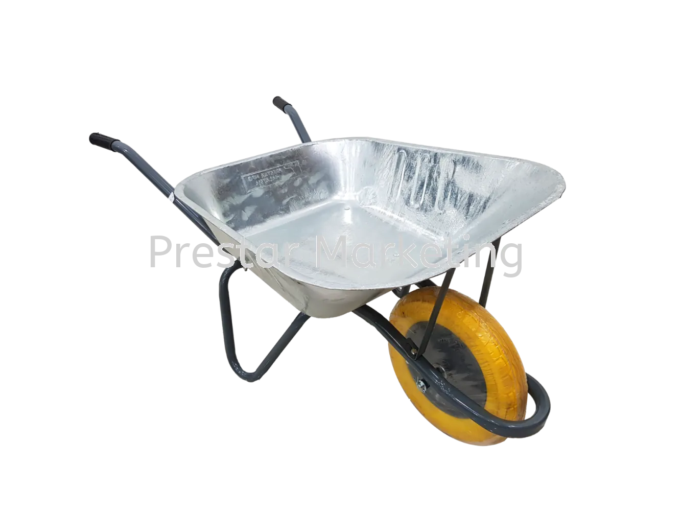 PRESTAR WHEELBARROW #500 HOT DIP GALVANIZED TRAY WITH 13" YELLOW PU WHEEL 