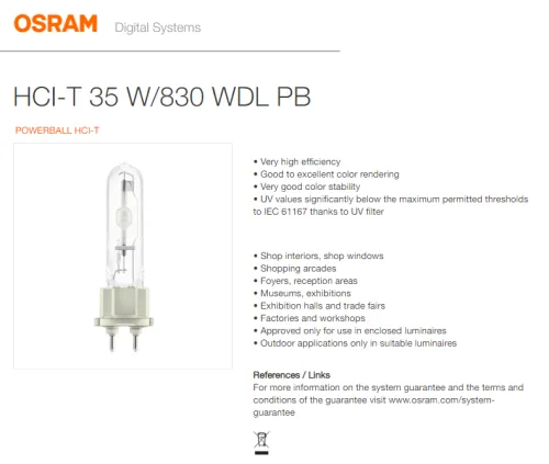 OSRAM HCI-T 35W/830 WDL PB G12 WARM WHITE 3000k 