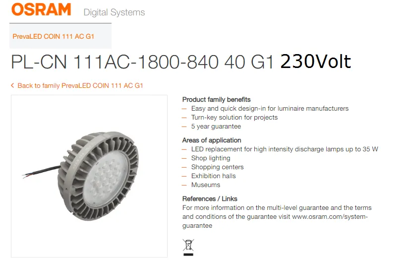 OSRAM PrevaLED COIN 111 AC PL-CN 1800-8xx xxD 230V