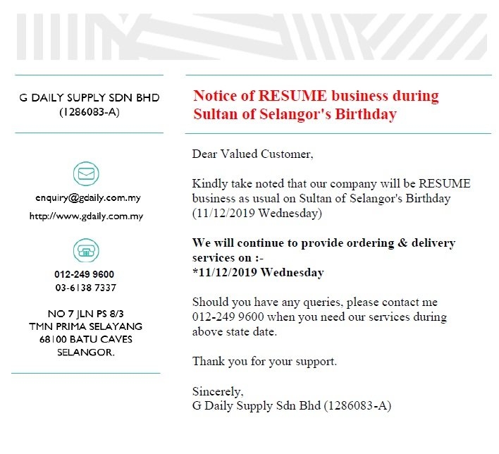 Notice Resume Business Sultan Of Selangor S Birthday Dec 07 2019 Selangor Malaysia Kuala Lumpur Kl Batu Caves Supplier Suppliers Supply Supplies G Daily Supply Sdn Bhd