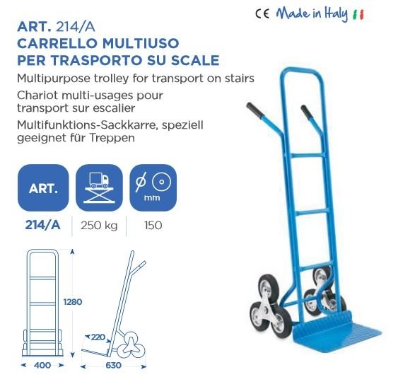 OMCN (MADE IN ITALY) 250KG TROLLEY WITH TRIPLE-WHEELS FOR CLIMBING STAIRS :L400MM X 270MM ART214A TROLLEY MANUAL TOOLS Singapore, Kallang Supplier, Suppliers, Supply, Supplies | DIYTOOLS.SG