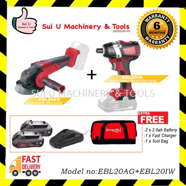 EUROPA HILT 20V COMBO SET EBL20AG 100MM Angle Grinder + EBL20IW Cordless Impact Wrench with Starter Kit 2.0 Cordless Power Tools Power Tool Kuala Lumpur (KL), Malaysia, Selangor, Setapak Supplier, Suppliers, Supply, Supplies | Sui U Machinery & Tools (M) Sdn Bhd