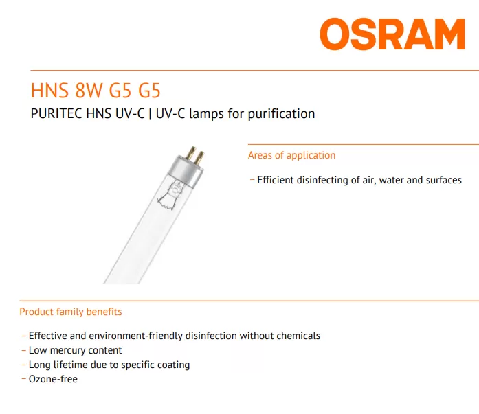 OSRAM HNS 8W G5 G5 TUV GERMICIDAL DISINFECTION LAMP