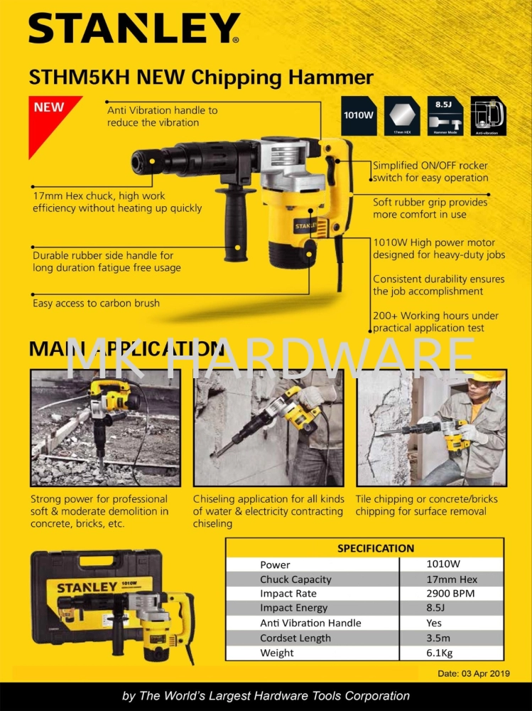 STANLEY STHM5KH CHIPPING HAMMER INDUSTRIAL PRODUCTS TOOL ROTARY HAMMER  Selangor, Malaysia, Kuala Lumpur (KL), Puchong Supplier, Suppliers, Supply,  Supplies | Man Kian Hardware & Trading Sdn Bhd