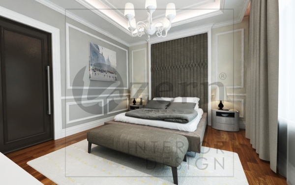 Bedhead with Fabric upholstery with stripper design. Bedroom & Study area Modern Luxury Victorian design for Mr. Harris's bungalow house in India. Shah Alam, Selangor, Kuala Lumpur (KL), Malaysia Service, Interior Design, Construction, Renovation | Lazern Sdn Bhd