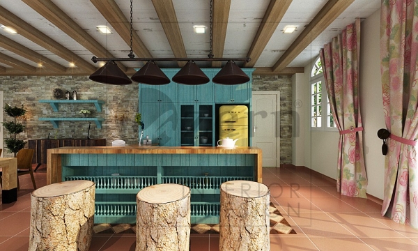 Kitchen cabinet by using Turquoise color for the wooden panel brings out an antic rough feeling. Kitchen & Dining area Cottage Interior Design for A Showroom in Setia Alam, Shah Alam. Shah Alam, Selangor, Kuala Lumpur (KL), Malaysia Service, Interior Design, Construction, Renovation | Lazern Sdn Bhd