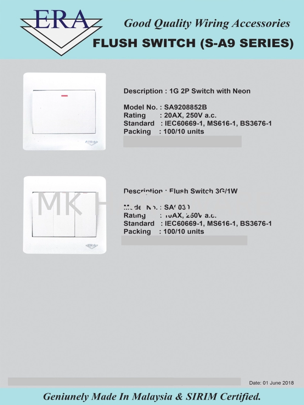 ERA FLUSH SWITCH / ELECTRICAL FITTING