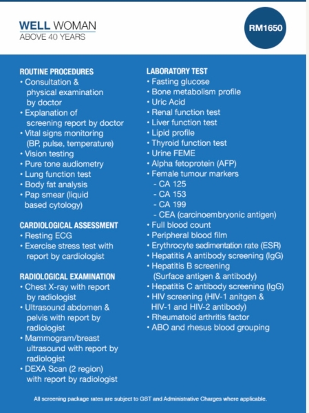 MEDICAL - WELL WOMEN ABOVE 40 YEARS OLD Medical Medical & Insurance Malaysia, Kuala Lumpur (KL) Programme, Application | A&W Consulting (MM2H) Sdn Bhd