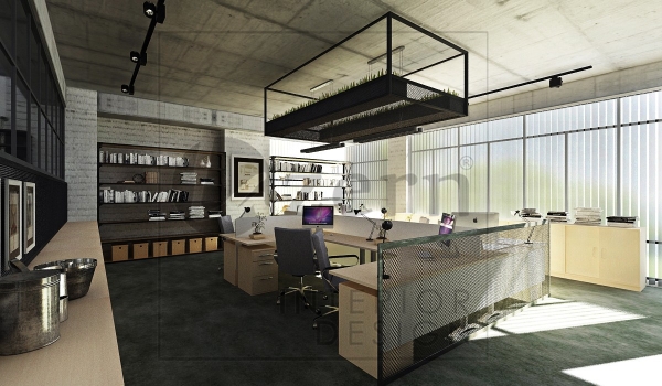 Workstation Area with ceiling hung steel structure for plants. Industrial interior design for ARB's office in Setia Alam, Shah Alam. Selangor Shah Alam, Selangor, Kuala Lumpur (KL), Malaysia Service, Interior Design, Construction, Renovation | Lazern Sdn Bhd