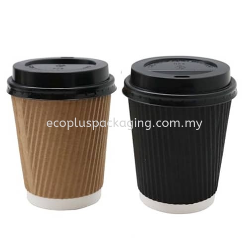 Rippled Black Coffee Cups with Lid 12oz (50pcs)