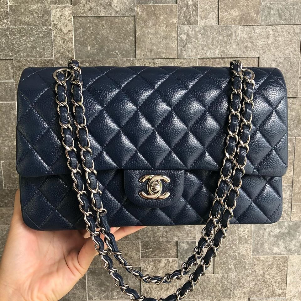 Chanel  Classic Double Flap Medium Navy Blue Silver  Queen Station