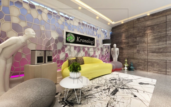 Hexagon design with pink & blue LED light behind. Ultra Modern interior design for Kronologi's office in Axiata Tower, KL Sentral, Kuala Lumpur. Malaysia. Shah Alam, Selangor, Kuala Lumpur (KL), Malaysia Service, Interior Design, Construction, Renovation | Lazern Sdn Bhd