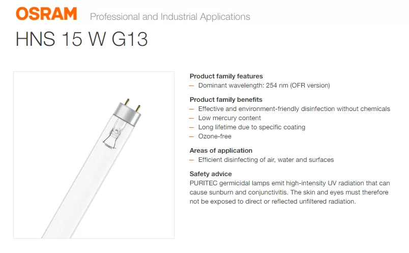 OSRAM HNS 15W G13 TUV GERMICIDAL LAMP 45CM DISINFECTION LAMP- USE WITH CAUTION 