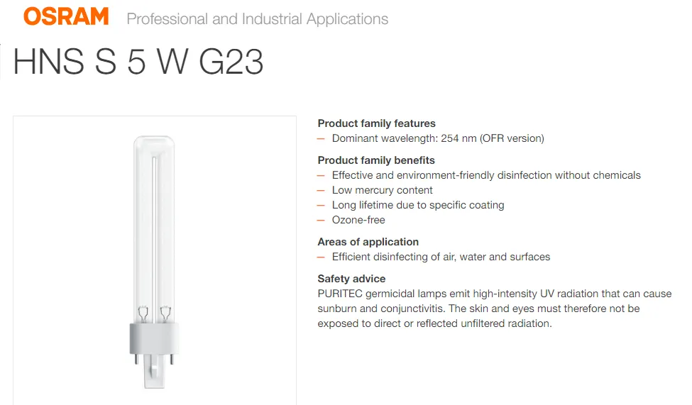 OSRAM HNS S 5W G23 GERMICIDAL LAMP TUV PL-S