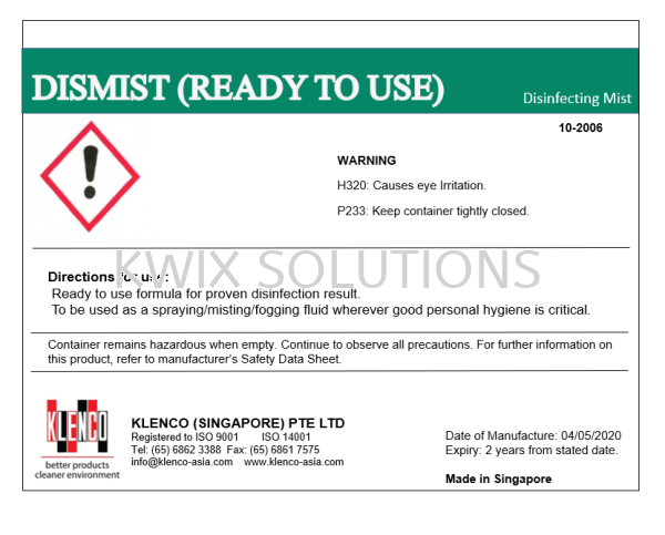 Dismist Ready-to-Use (5 Litres) Disinfection #FightCOVID-19 Singapore Manufacturer, Supplier, Supply, Supplies | KWIX SOLUTIONS PTE LTD