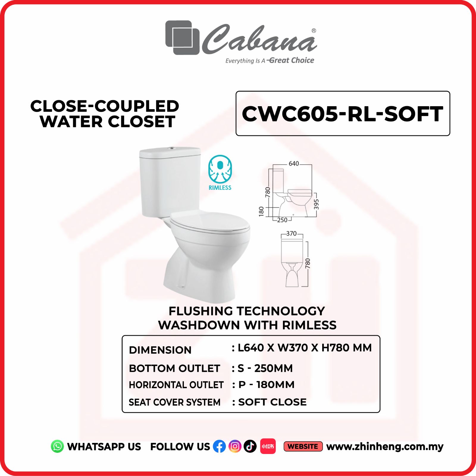 CABANA CWC605-RL-SOFT CLOSET-COUPLED WATER CLOSET WASHDOWN WITH RIMLESS FLUSHING TECNOLOGY