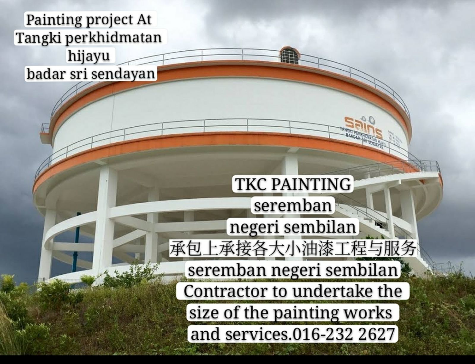 承接#Tangki perkhidmatan #Hijayu #BandarSri Sendayan#蓄水池油漆工程完成品serembanhttps://www.facebook.com/pg/tkcpaintingN.S/about/TKC Painting-Seremban.Negeri Sembilan #拥有20年的油漆经验让您安心~价格最公道●#承包 与#承接:#各大小#油漆工程与#油漆服务。 ~#业大小油漆#~#单层/#双层店屋与#排屋，#半独立式，#独立式，#酒店，#工，#神庙，#学校等各大小 '油漆'……#Painting services &#Painting Projects #package labor and materials。#Shophouse, #home, #temple, #factory, and s#chool……https://m.facebook.com/tkcpaintingN.S/?ref=bookmarkshttps://www.facebook.com/alice.alicetanMs Tan 016-232 2627https:tkcpainting@gmail.com