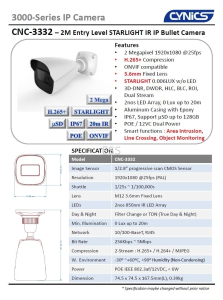 Cynics 2MP Entry Level Starlight IP Bullet Camera CNC-3332 IP IR Bullet / Dome Camera Cynics CCTV System Perak, Ipoh, Malaysia Installation, Supplier, Supply, Supplies | Exces Sales & Services Sdn Bhd