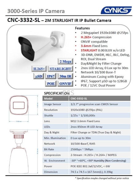 Cynics 2MP Starlight IP Bullet Camera CNC-3332-SL IP IR Bullet / Dome Camera Cynics CCTV System Perak, Ipoh, Malaysia Installation, Supplier, Supply, Supplies | Exces Sales & Services Sdn Bhd