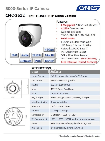 Cynics 4MP IP Dome Camera CNC-3512 IP IR Bullet / Dome Camera Cynics CCTV System Perak, Ipoh, Malaysia Installation, Supplier, Supply, Supplies | Exces Sales & Services Sdn Bhd