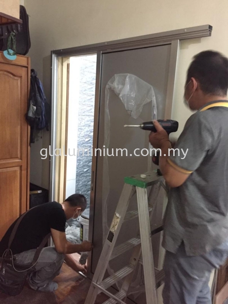 sliding door one panel + composite panel silver  Aluminium Sliding Doors Selangor, Malaysia, Kuala Lumpur (KL), Cheras Supplier, Installation, Supply, Supplies | GL GLASS & ALUMINIUM TRADING