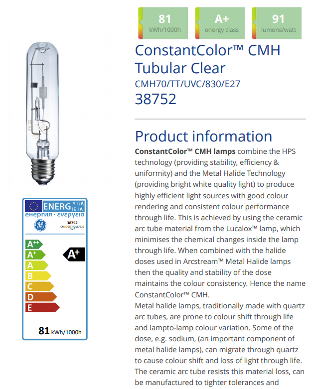 GE CMH TT 70W UVC 830 E27 38752