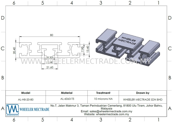 Aluminium Profile 20 x 80 (Roller Conveyor) H8 Series Aluminium Profiles Aluminium Malaysia, Johor Bahru (JB), Ulu Tiram Manufacturer, Supplier, Supply, Supplies | Wheeler Mectrade Sdn Bhd